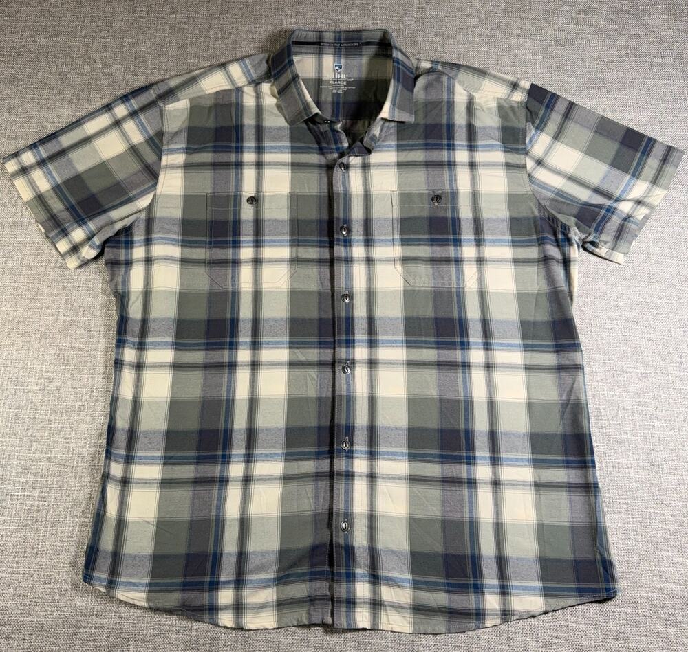 Kuhl Men’s XL Plaid Button Up Shirt Tapered Fit Short Sleeve Outdoor Hiking Gree